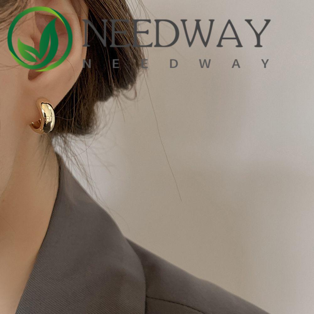 Needway  Gifts Women Earrings French Korean Style Hoop Earrings Round Buckle Stud Earrings Elegant Geometric Ear Jewelry Shiny Ear Studs/Multicolor