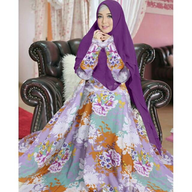 TERMURAH  SET GAMIS SYARI CANTIK MONALISA FIRDAUS YELLOW + HIJAB CERUTY UNGU / long dress maxi