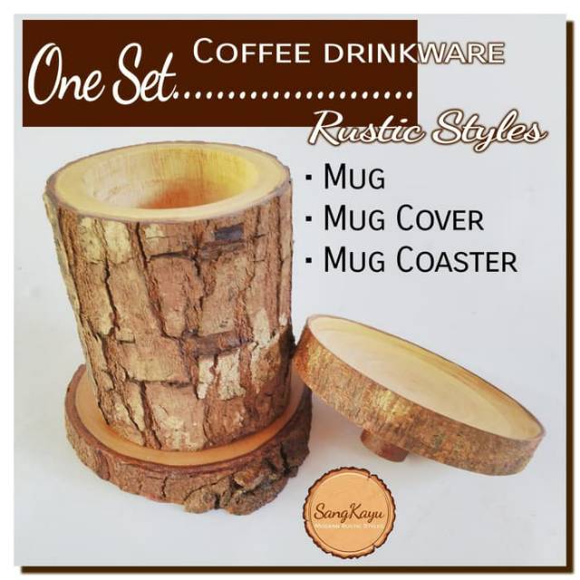 One set coffee tea drink ware Gelas cangkir mug kayu satu set