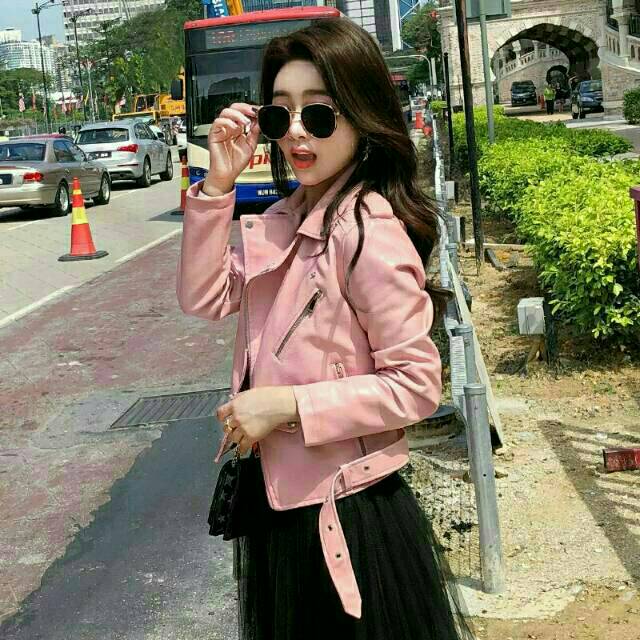 [BISA COD] Jaket  Kulit Wanita Crop Pink Baby/ Sintetis Premium