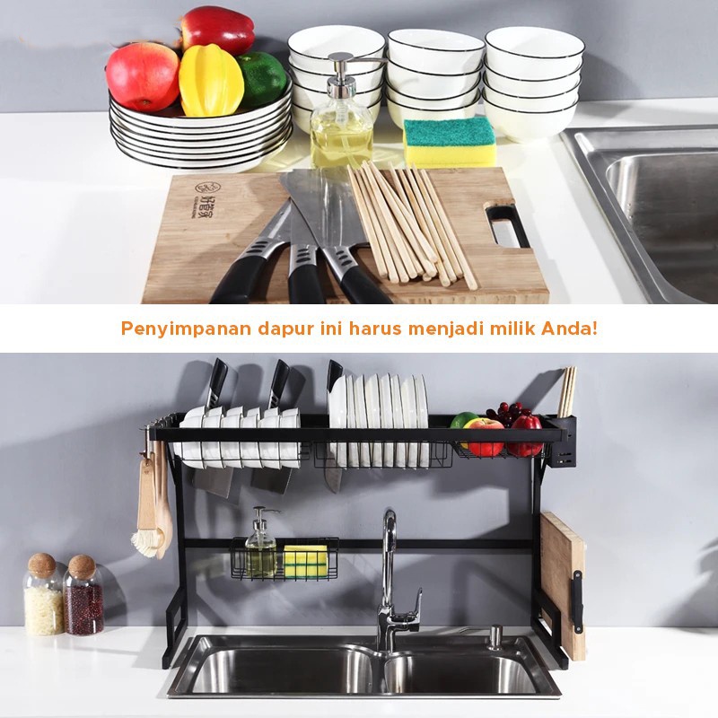 POTE Dapur Rak Piring Anti Karat Hitam Dua lapisan /Rak piring Wastafel / Rak piring kualitas IKEA / Rak piring hitam Dua lapisan