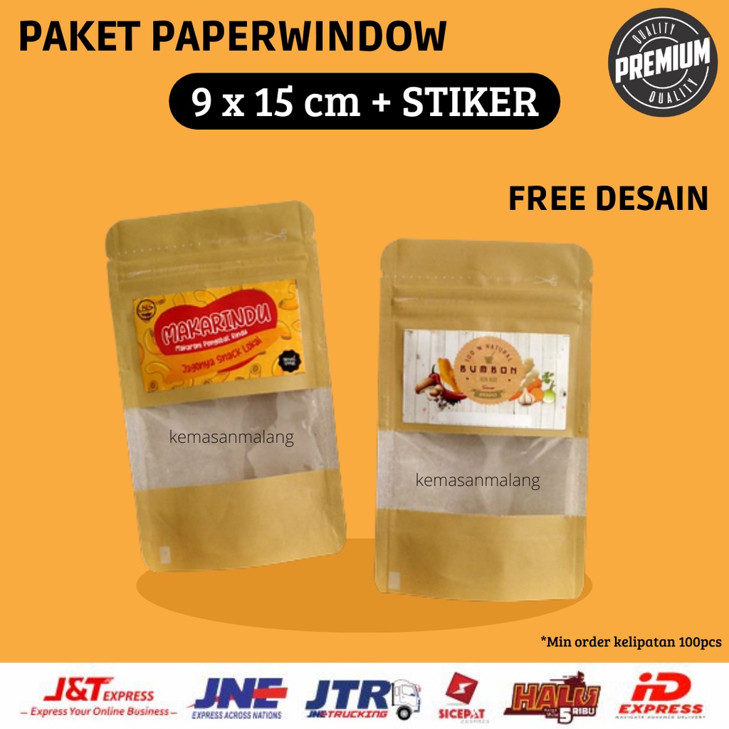 

[100 PCS] PAKET KEMASAN BERDIRI ECOPACK WINDOW/PAPERWINDOW 9X15 KLIP + STIKER LABEL FREE DESAIN