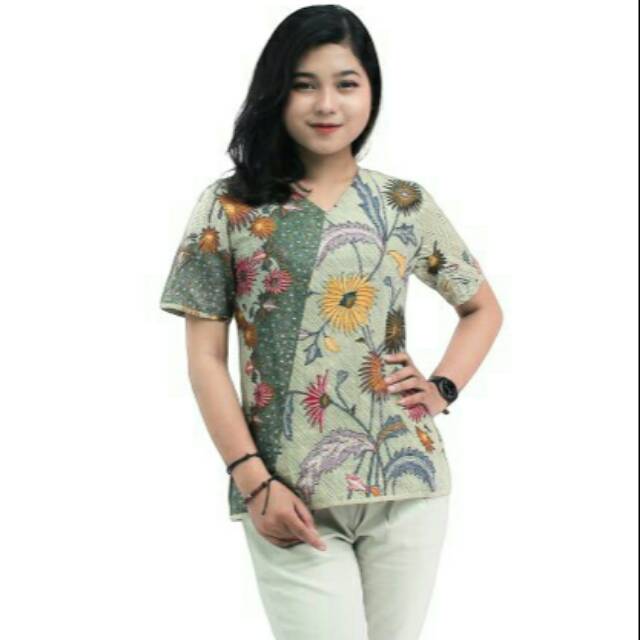 Blouse Batik Atasan Wanita Modern  &amp; Trendy_ Motif Bunga Matahari S-M-L-XL-XXL-3L-4L-5L