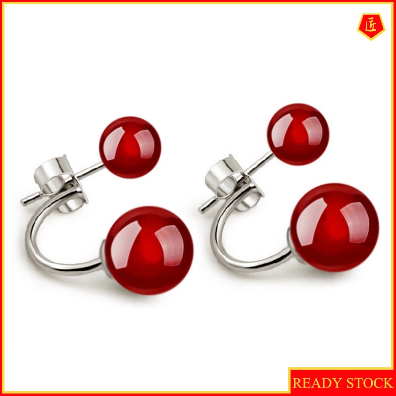 [Ready Stock]Female Silver Simple Elegant Red Agate Ear Studs