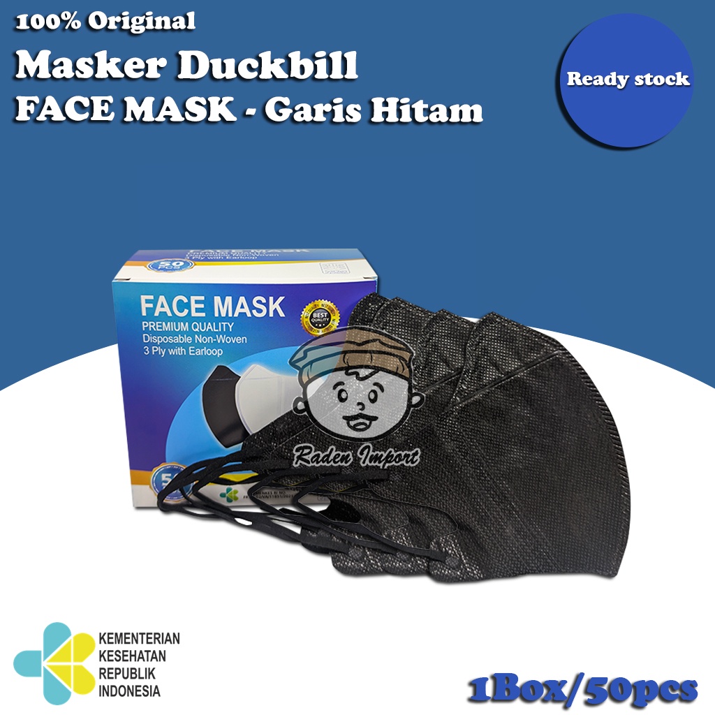 Masker DUCKBILL 3Ply GARIS Hitam Putih MODEL SENSI 3 Ply Medis BFE 95% Surgical Mask