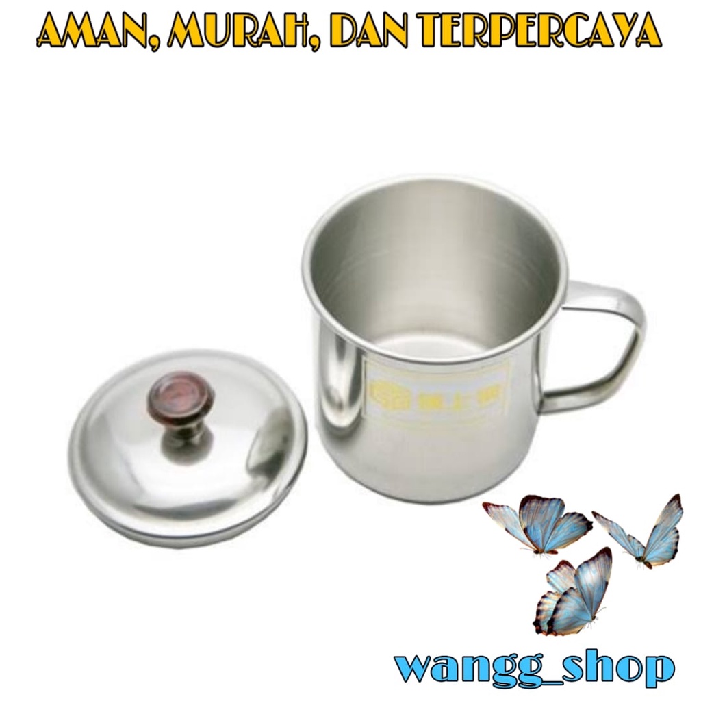 MUG CANGKIR GELAS &amp; TUTUP STAINLESS 9 CM / CANGKIR GELAS MUG STAINLESS TUTUP LENGKAP KEKINIAN