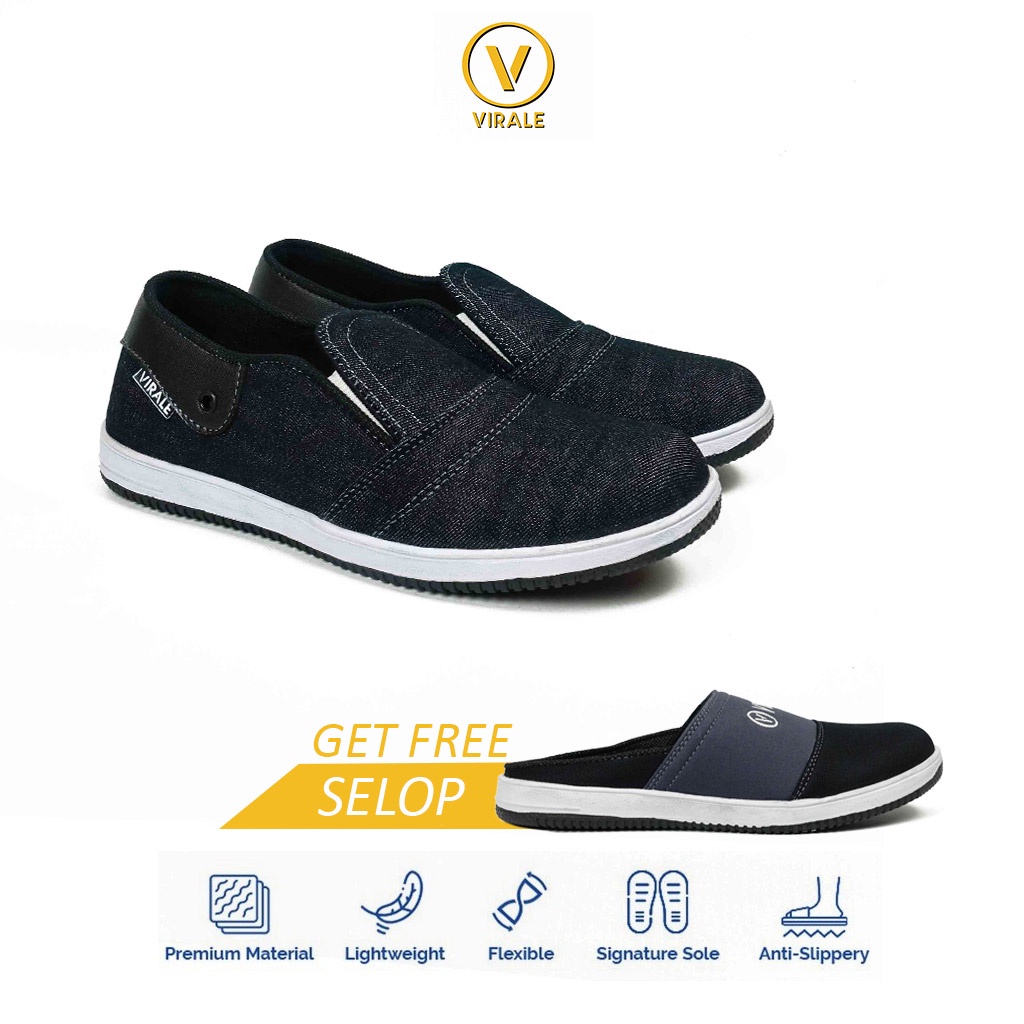 Sepatu Kasual Pria Slip On Canvas Fashion Korea CS 01 NAVY GRATIS Sepatu Selop