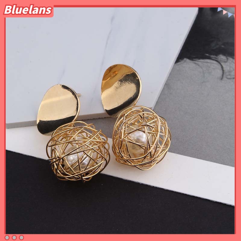 Bluelans Women Fashion Geometric Woven Hollow Ball Faux Pearl Drop Earrings Jewelry Gifts