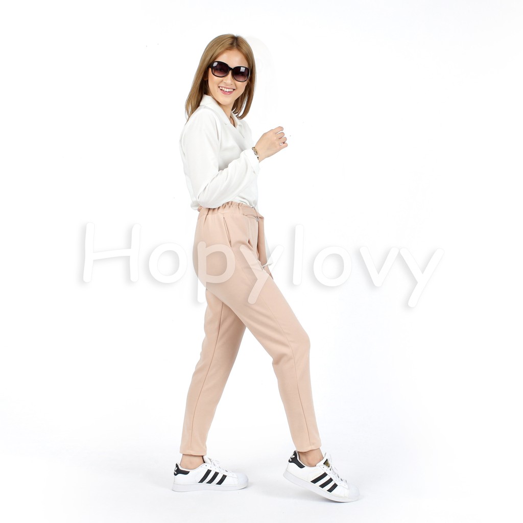 HOPYLOVY - Celana Panjang Wanita Bahan Scuba Tebal / Celana Bahan Wanita / Celana Kerja Variasi Ring Belt Ragna