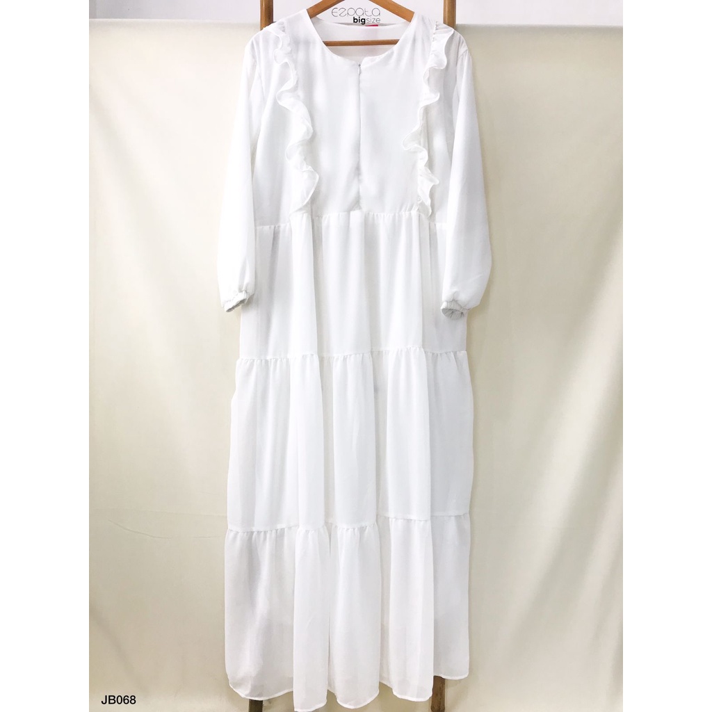 Ezpata Gamis Putih Jubah Ceruty Ruffle Wanita Muslim Muslimah Lengan Karet Penutup Resleting Depan Polos Model Baru Termurah