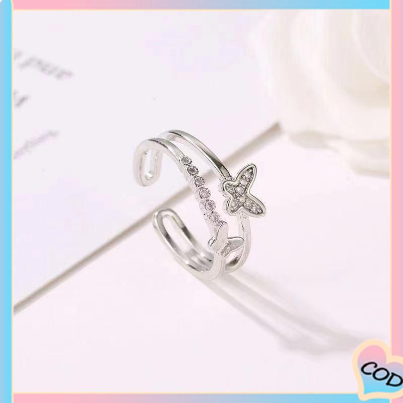 COD❤️ Cincin terbuka wanita kupu-kupu ganda flash berlian ekor cincin sederhana-A.one