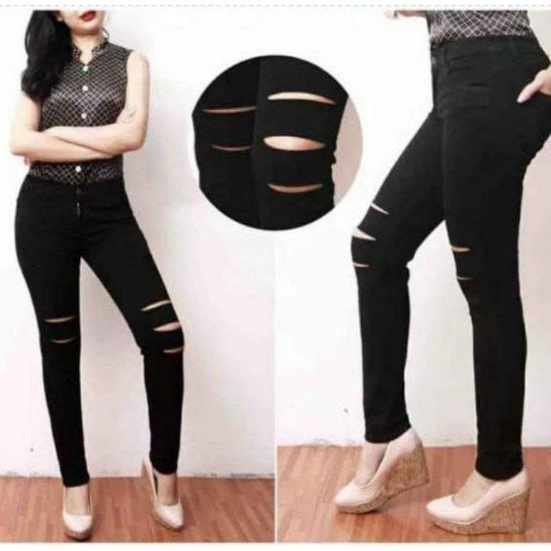 CELANA JEANS WANITA SKINNY RIPPED SOBEK2 KODE TREE TWO