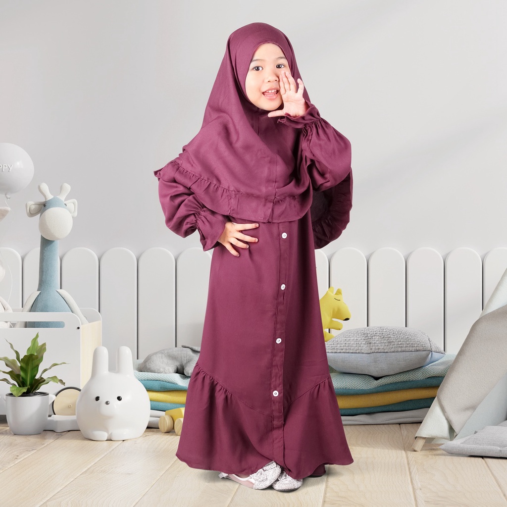 Set Gamis Anak Usia 1 Sampai 2 Tahun Model Kancing Maroon Jasmin