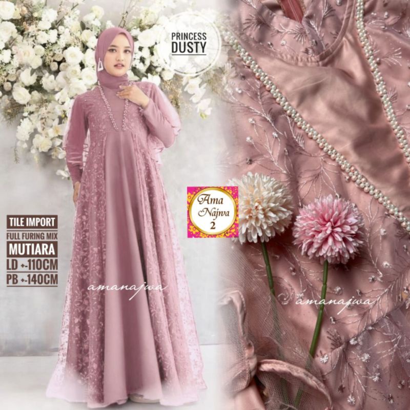 GAMIS DRESS PESTA PRINCESS JUMBO TILE MUTIARA FUL FURING LD 110 PB 140