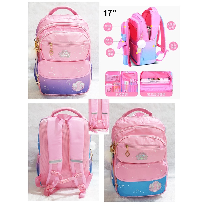 RANSEL / BACKPACK TAS Anak Sekolah SD / SMP / REMAJA 17&quot; UKURAN BESAR MODEL PRS MASA KINI GANTUNGAN BULU IMPORT