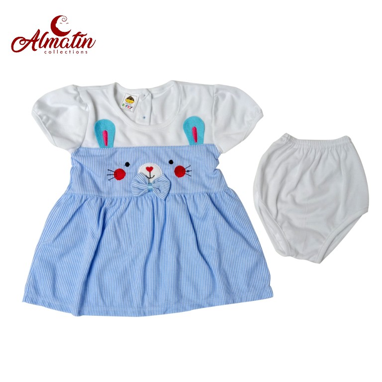 Setelan Baju Bayi Perempuan / 3Dress Anak Karakter Lucu / Dress Anak Bayi Motif Rabbit Salur (3STEL)