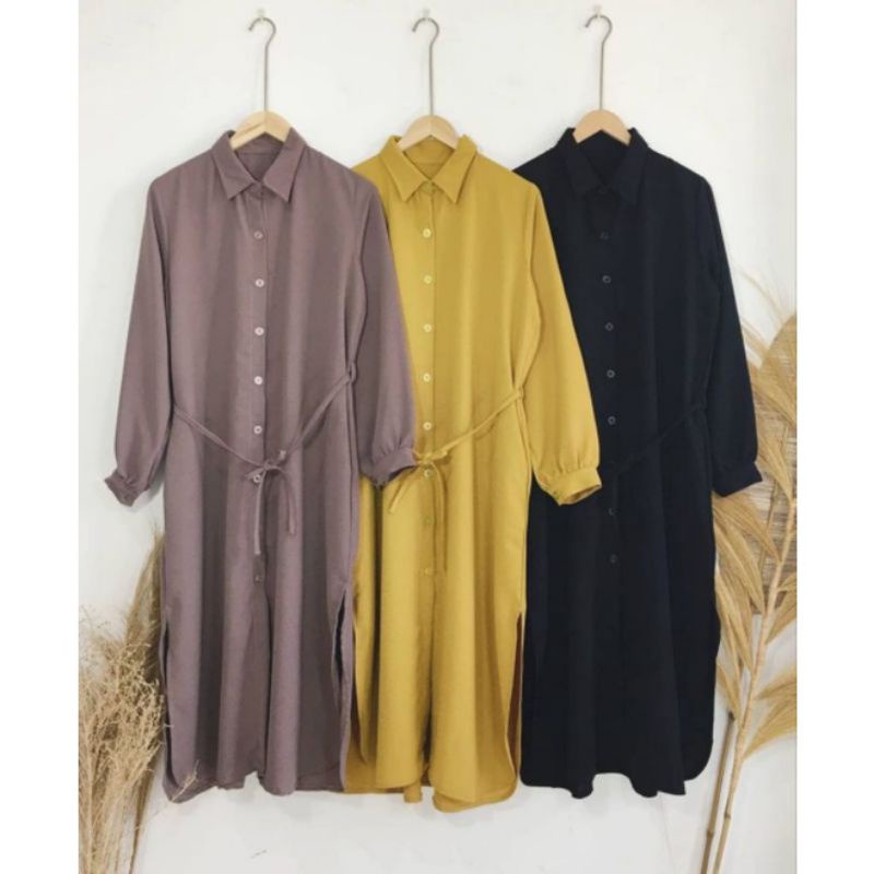 LONG TUNIK POLOS Tali Full Kancing Depan Atasan Muslim Premium Terbaru