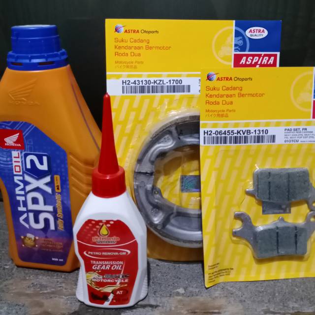 Paket kampas rem depan &amp; belakang + spx 2 SAE 10-30w sintetic 800ml + oli gardan for vario/beat/f1