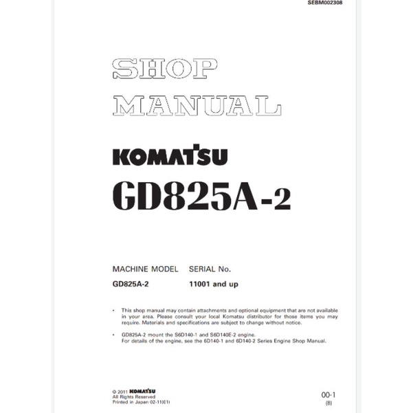 

shop manual motor grader komatsu GD825A-2
