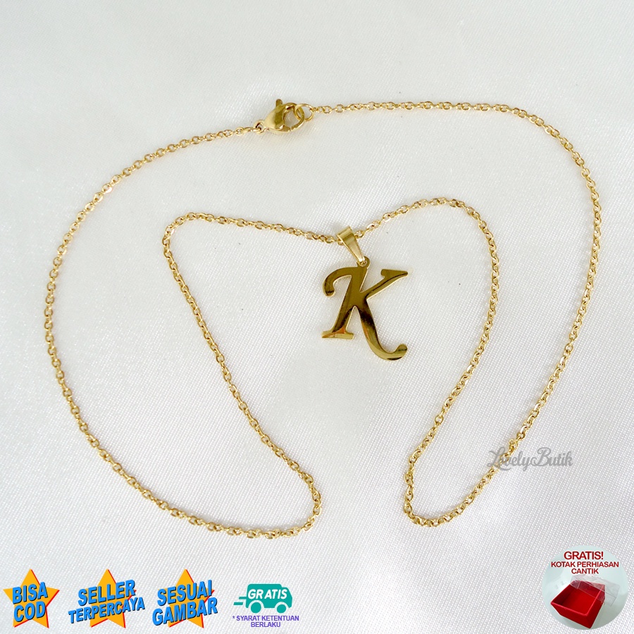 Lovelybutik Kalung Titanium Inisial Abjad Latin4 Kalung Alfabet Huruf H,K,P,S,W,Y Bahan Titanium Warna Emas Bonus Kotak Perhiasan