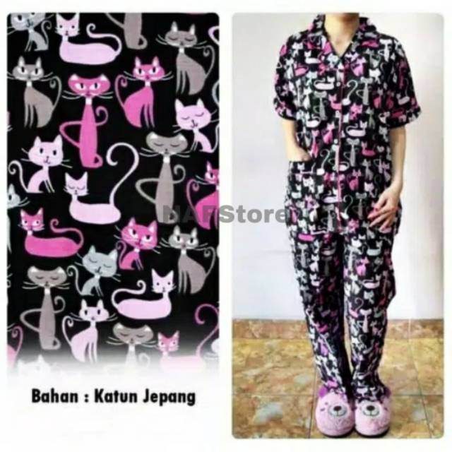 PIYAMA Catty black bahan KJ/ piyama KJ motif/ piyama katun/ piyama cp dewasa/piyama katun premium