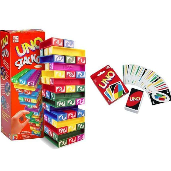 IHOT SALEl Paket UNO Stacko + Kartu / Card Mainan Susun Balok Block Seru