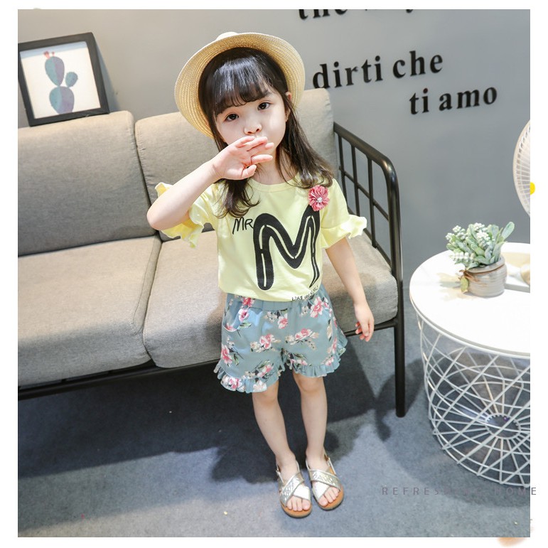 KF Cat Setelan anak perempuan / set baju celana anak cewek import bunga cantik 1-4thn bahan katun trendy-KUNING