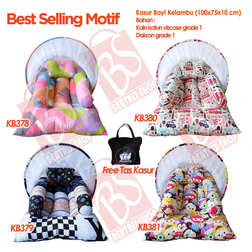 Kasur Lipat Bayi Set Kelambu Bantal Guling | Tempat Tidur Anak Baru Lahir Motif Lucu Bonus Tas 80