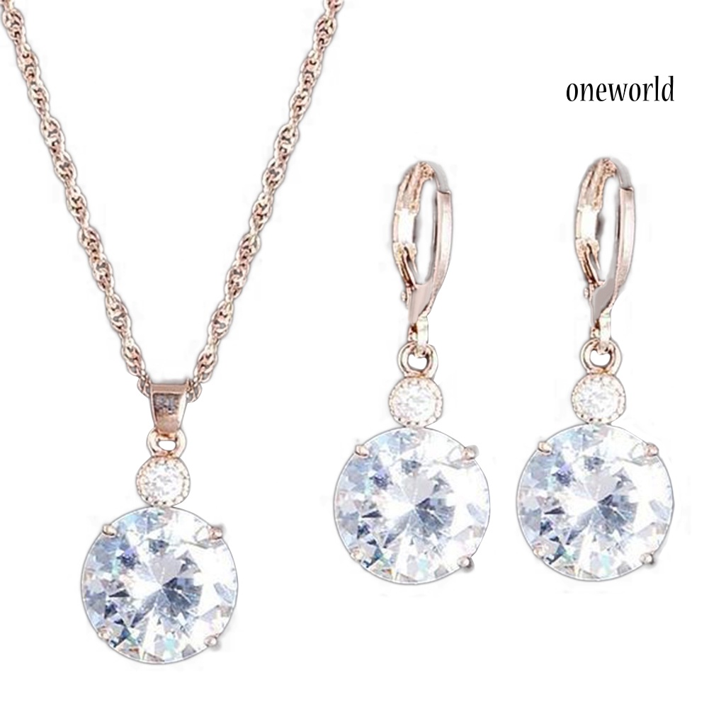 OW@ Fashion Jewelry Set Round Rhinestone Pendant Necklace Bridal Leaverback Earrings