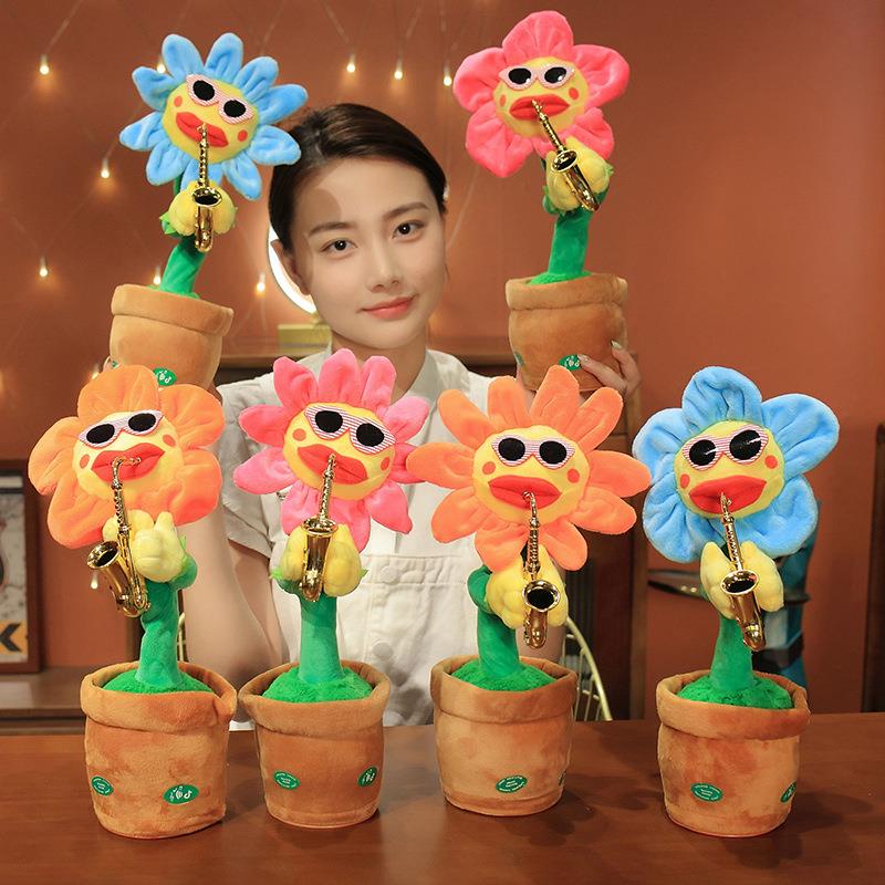 Ready✅Dancing Sunflower USB Singing Talking Repeating Recording Glowing Saxophone Soft Plush Flower Toy 120 Songs Musical Funny Gift