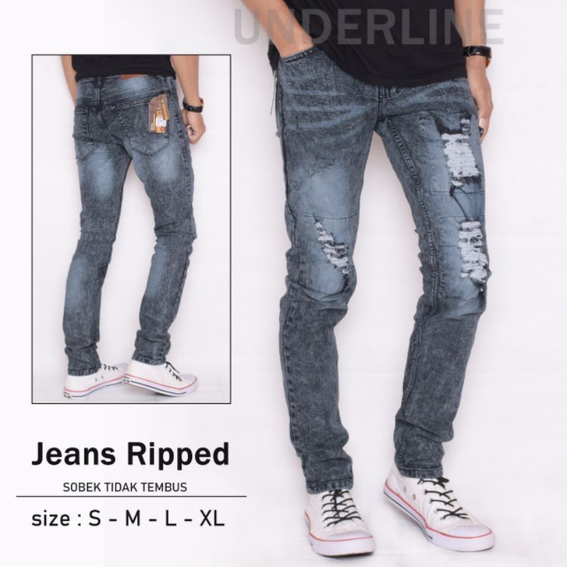 CELANA JEANS PRIA RIPPED SOBEK TIDAK TEMBUS ORIGINAL UNDERLINE TERBARU MURAH