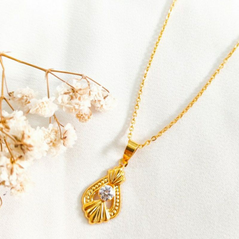 Kalung Wanita Liontin Pendant Batu Permata Putih Perhiasan Emas asli