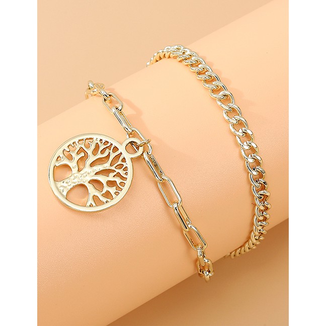 LRC Gelang Tangan Fashion Golden Round Life Tree Hollow Alloy Y64448