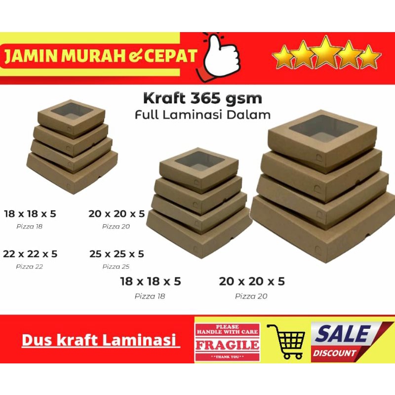

DUS PIZZA 20X20X5,22X22X5,25X25X5/DUS DONAT/DUS DONAT ISI 6/DUS KUE/DUS SNACK/DUS KRAFTLAMINASI