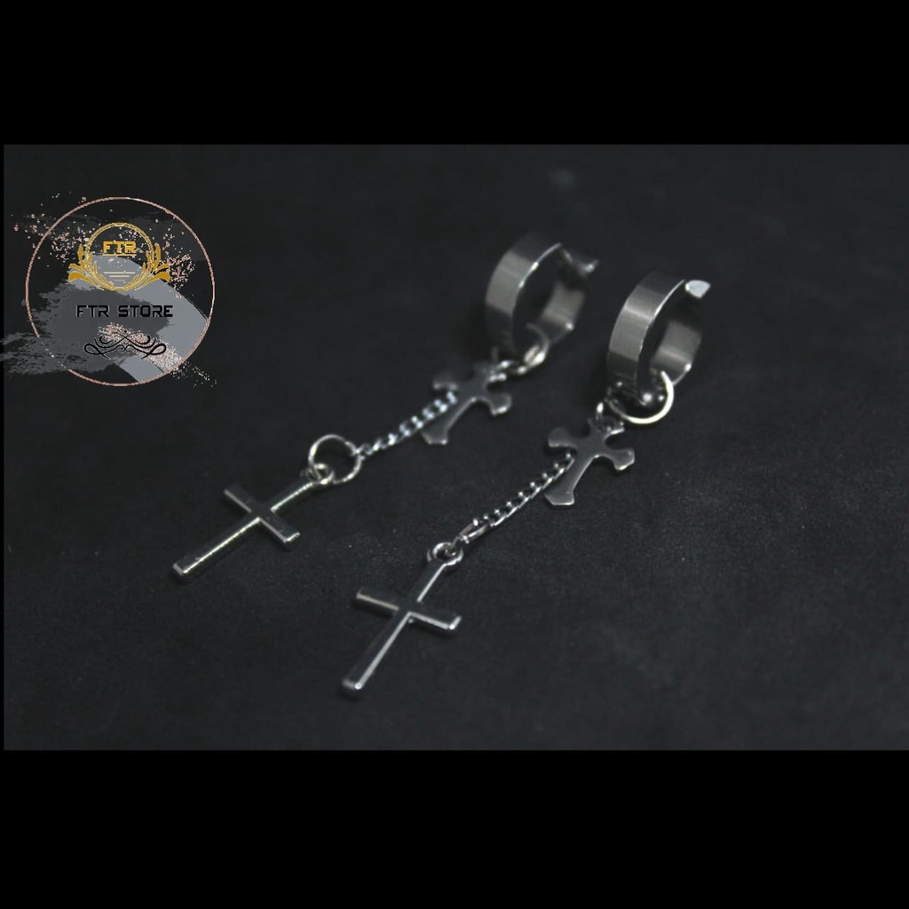 IP-AO anting tindik dan jepit Korea /anting Korea model salib dobel / anting Korea pria dan wanita/ Anting/ Anting salib/ earrings