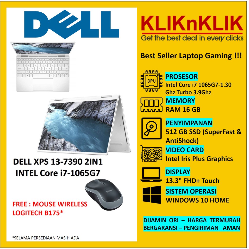 ULTRABOOK DELL XPS 13-7390 2IN1 CORE i7-1065G7 RAM 16 GB SSD 512 GB WIN10 SILVER PLATINUM - WHITE