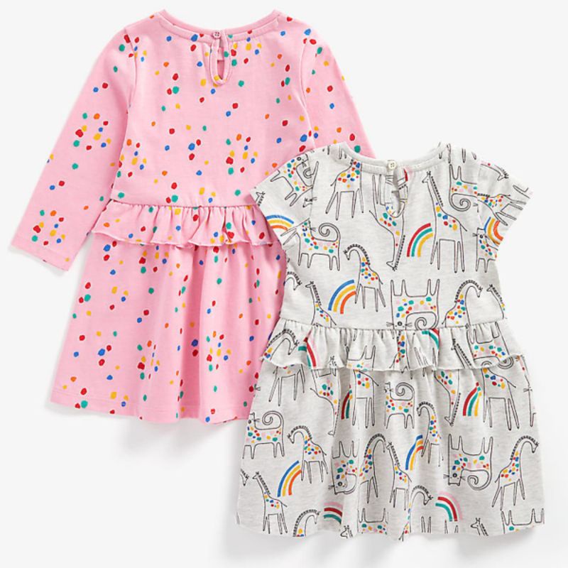 MOTHERCARE 2 pack pink spot and grey unicorn jersey dress babygirl, daster kaos anak bayi 2th-2