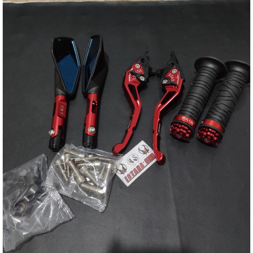 Aksesoris NMAX OLD/NEW Handle REM Variasi Motor FULL CNC NMAX - Merah plus spion tomok plus grip ring