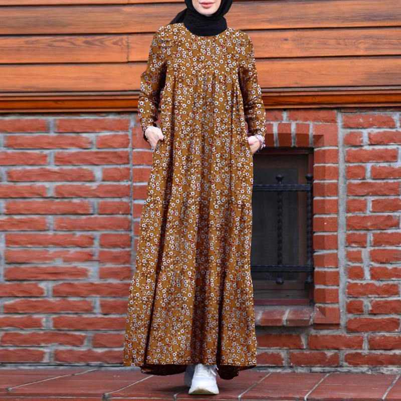 ZANZEA Women Full Sleeve Vintage Back Zipper Printed Muslim Long Dress