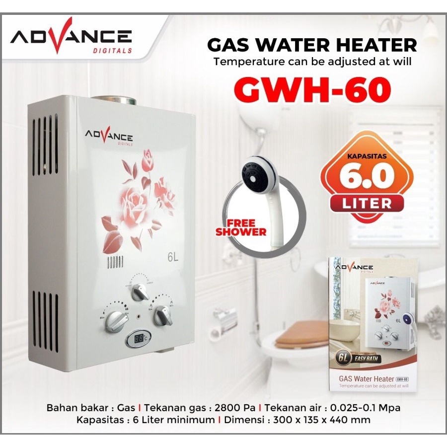 Water Heater Gas Advance GWH-60 Pemanas Air 6 Liter Digital Original-Garansi resmi