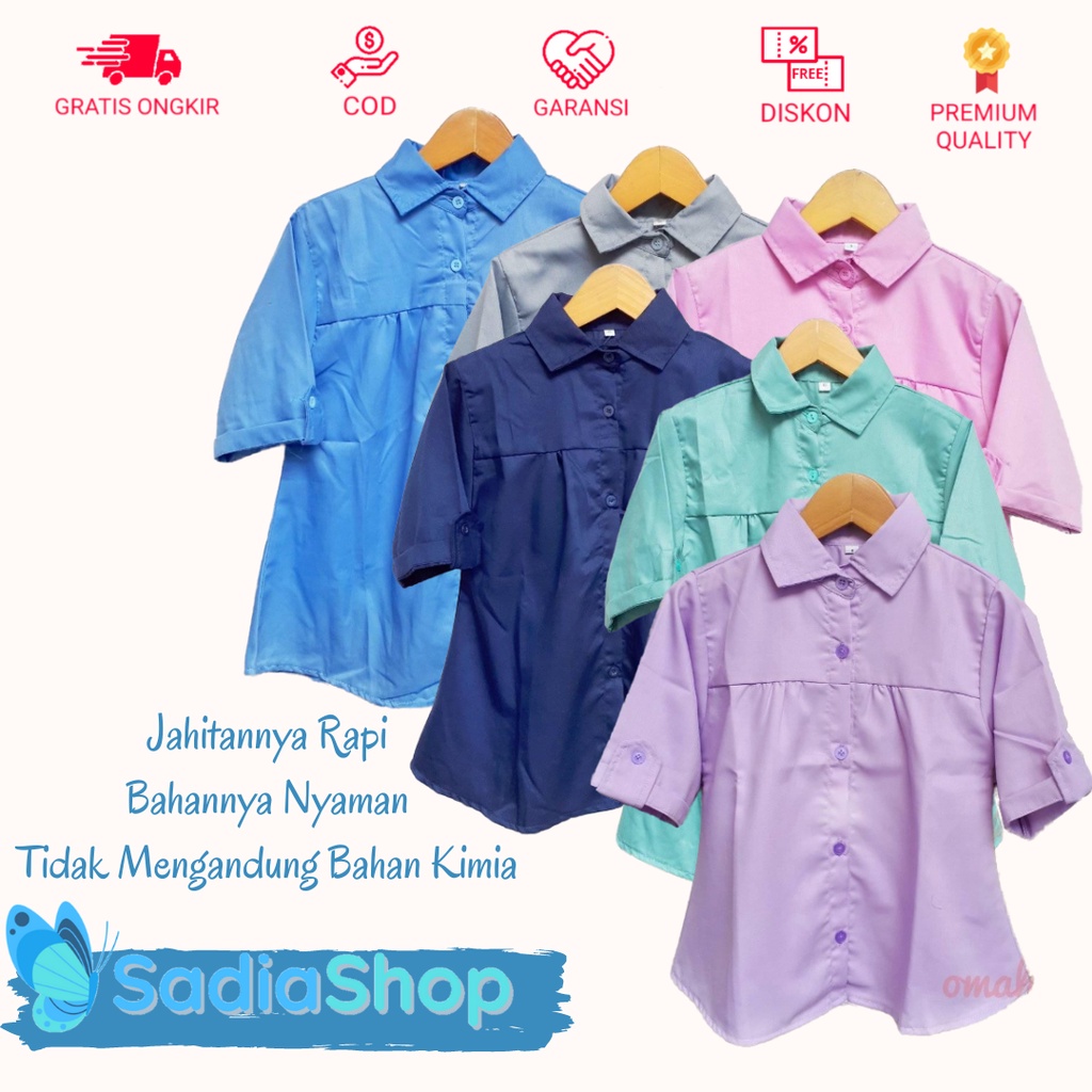Kemeja Anak Perempuan Polos Lengan 3/4 Warna Cerah Untuk Usia 12 Bulan - 10 Tahun