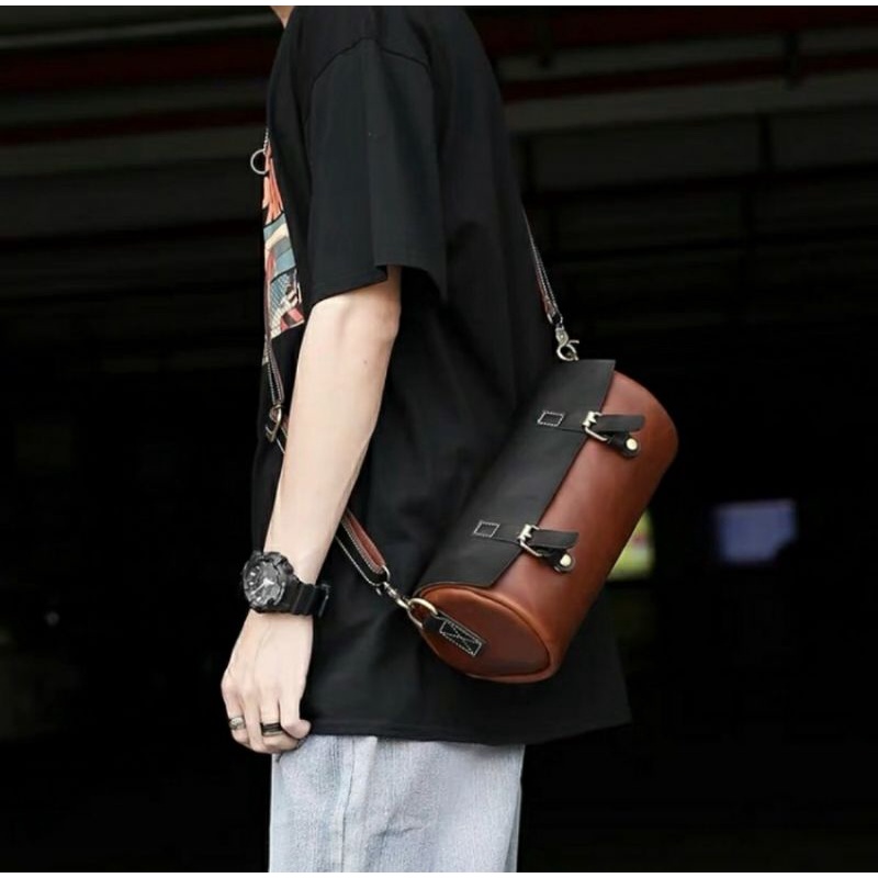 tas Selepang Kulit tas slempang kulit tas Bulat tas Retro tas Kulit pria tas pria kulit tas Roll