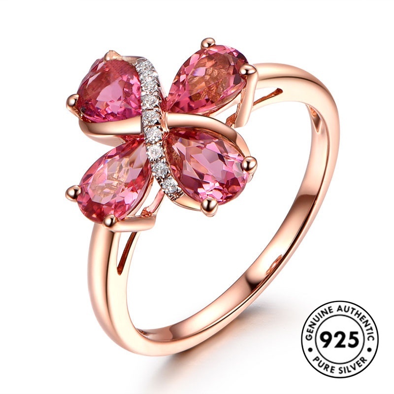 Cincin S925 Silver Rose Gold Bentuk Water Drop Ruby