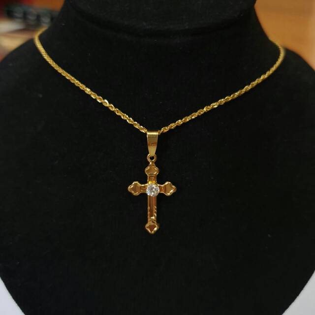 Set Kalung Liontin Salib Permata Koleksi Josean Elegant Emas Asli