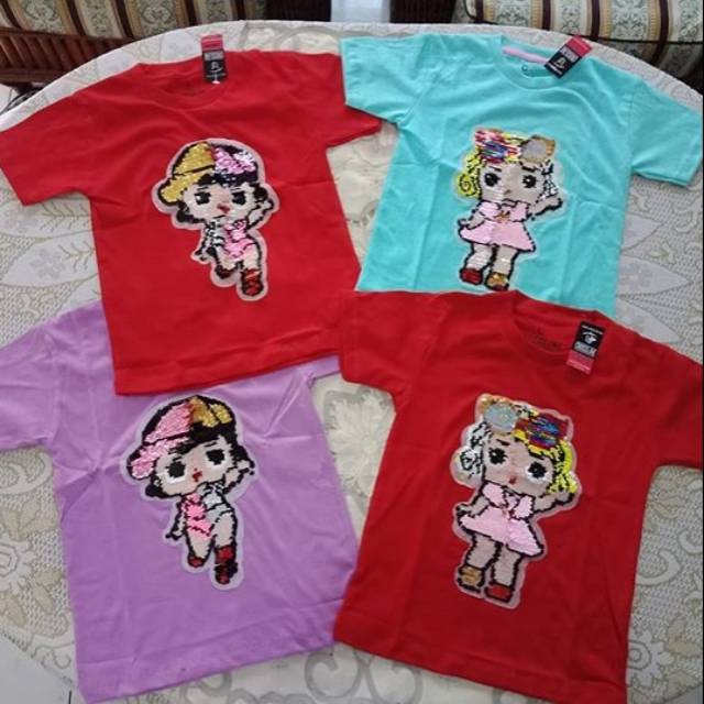 Kaos baju anak cewek lol sequin flip bolak balik bisa usap berubah warna umur 4-5tahun