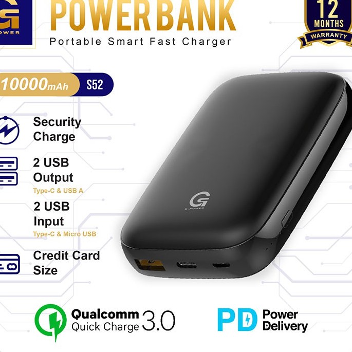 GPOWER POWERBANK S52 10.000mAh with Qualcomm Quick Charge 3.0+ GARANSI 1 TAHUN AIR ALLOWABLE