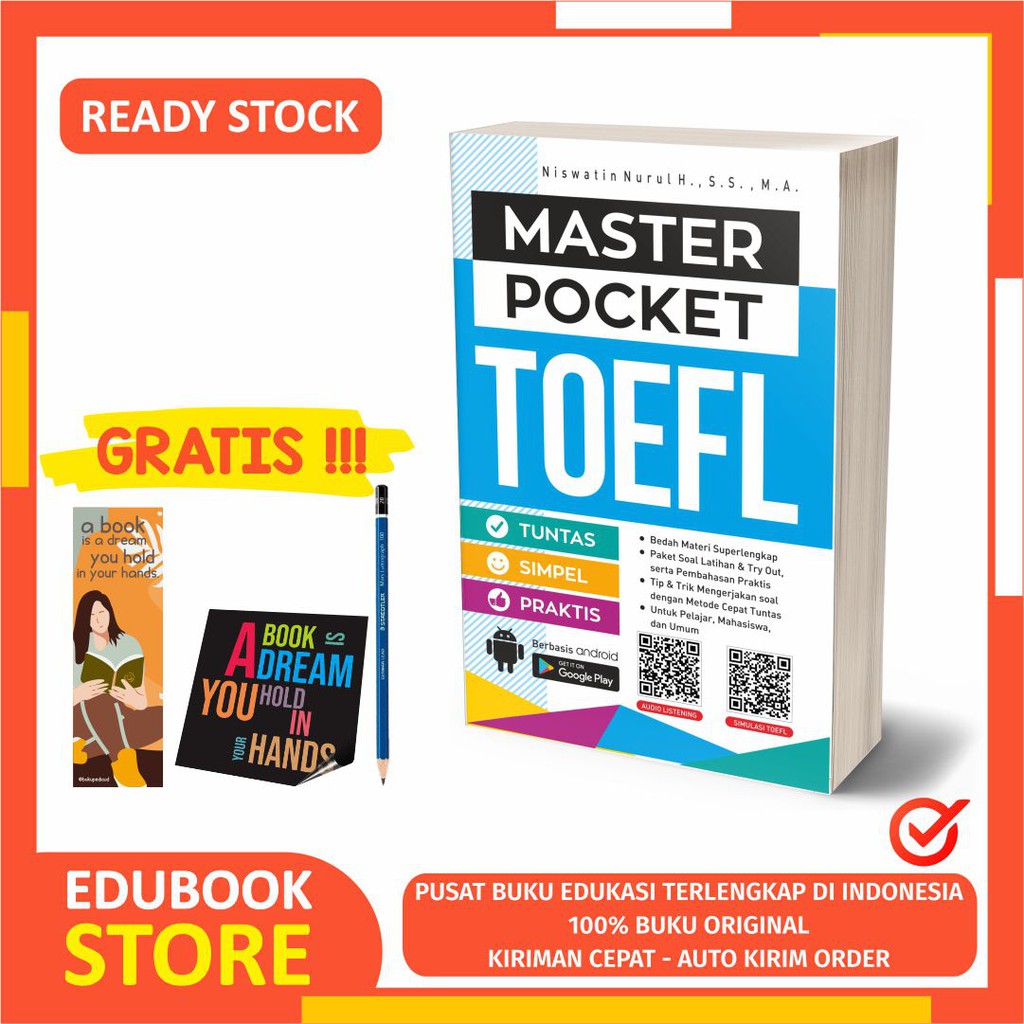 

BUKU TES TOEFL : MASTER POCKET TOEFL - CEMERLANG PUBLISHING - BONUS BOOKMARK, PENSIL 2B, STIKER