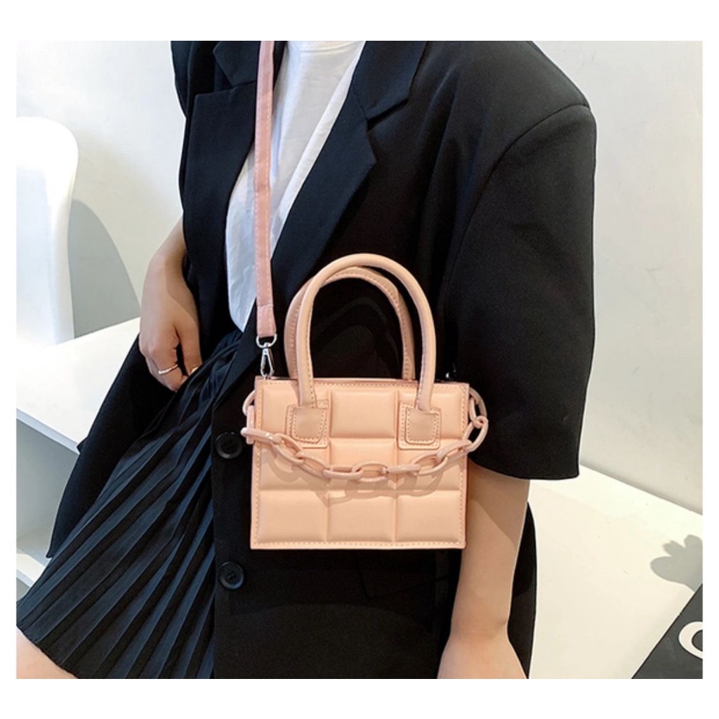 FT03 NEW Square Leather Kulit Pouch bag tas Handbag Purse black Pink Korean korea canvas Handle