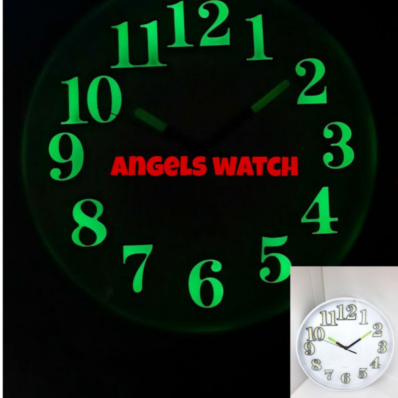 angelswatch jam dinding glow in the dark murah/ jam dinding nyala dalam gelap/ jam dinding putih minimalist angka timb