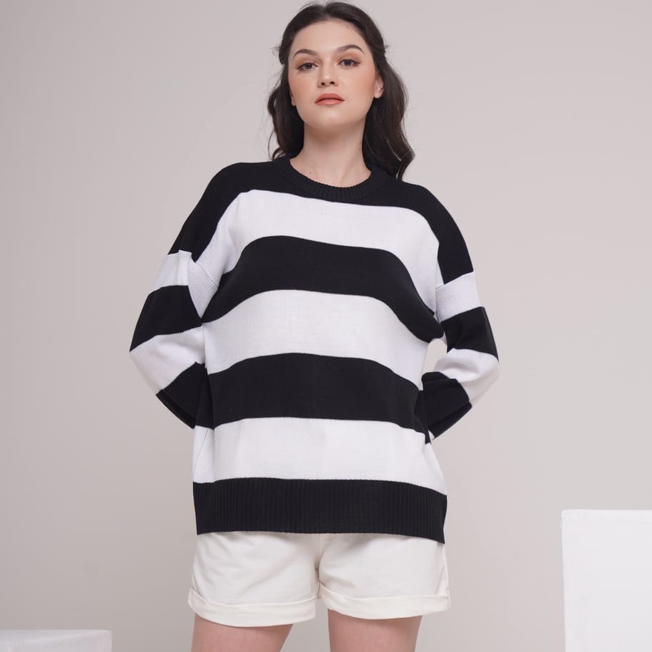 Eira Sweater Rajut Oversized LD 120 Stripe Atasan Knitted Blus Rajut